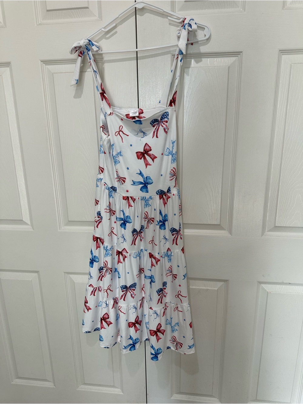 White Midi Dress with Red & Blue Bow Print and Tie Straps